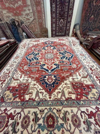 Indian Heriz Rug, 8'11" x 11'11", in ivory, navy, red and teal