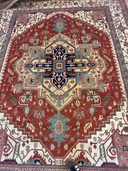 Indian Heriz Rug, 11'11" x 15', in baby blue, ivory, navy and rust - photo 4