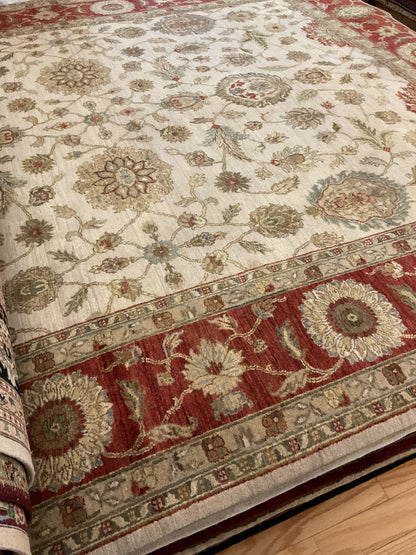 Indian Agra Jaipur Rug, 8' x 10'3", in beige, green, ivory and red