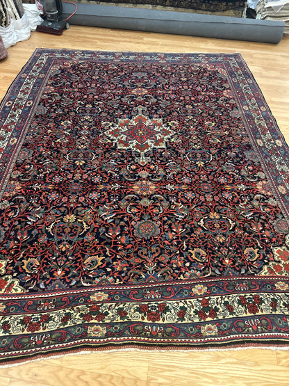 Antique Persian Bidjar Rug, 8'8" x 11'6", in ivory, navy and red