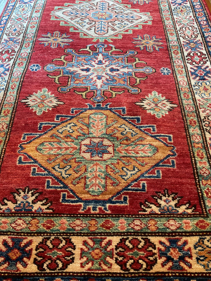 Pakistani Kazak Runner, 2'7" x 10'3", in blue, gold, ivory and red