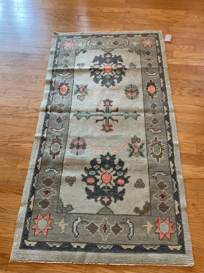 Turkish Oushak Rug, 3'1" x 5'9", in charcoal, grey, salmon and teal