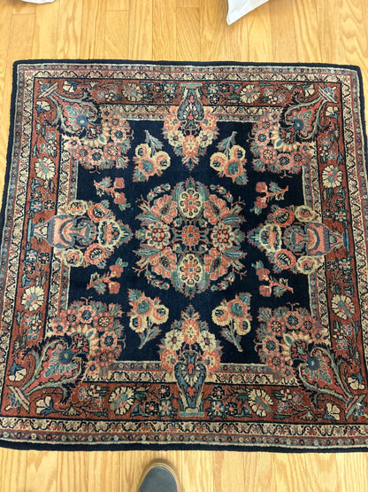 Antique Persian Gazvin Rug, 3'6" x 3'7", in navy, rust, salmon and teal
