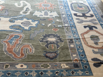 Turkish Oushak Rug, 16'4" x 21', in blue, green, ivory and rust