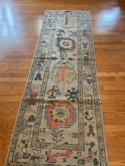 Turkish Oushak Runner, 3'2" x 9'10", in beige, gold, navy and salmon