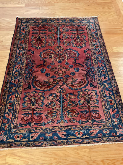 Antique Persian Lilian Rug, 3'5" x 4'10", in blue, navy, red and rose