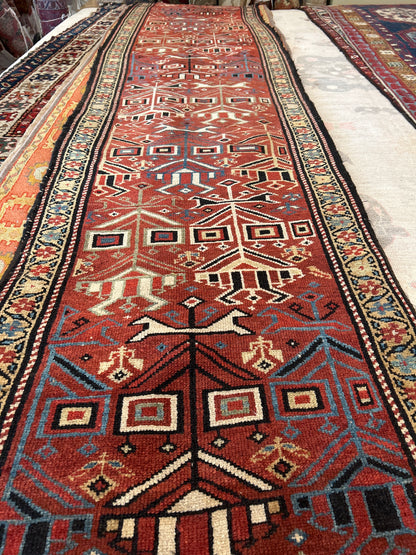 Antique Persian Kurdish Runner, 2'8" x 13'1", in ivory, navy and rust - photo 5