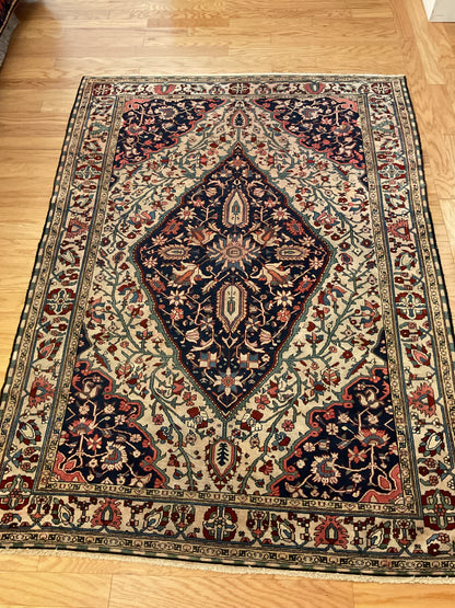 Antique Persian Mishan Malayer Rug, 4'7" x 6'5", in green, ivory, navy and salmon