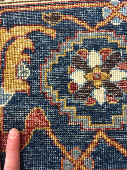 Afghan Mohal Rug, 8'5" x 10'3", in blue, gold, ivory and red
