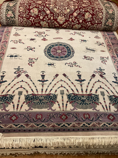 Tibetan Modern Rug, 8'4" x 9'8", in ivory, navy, plum and rose