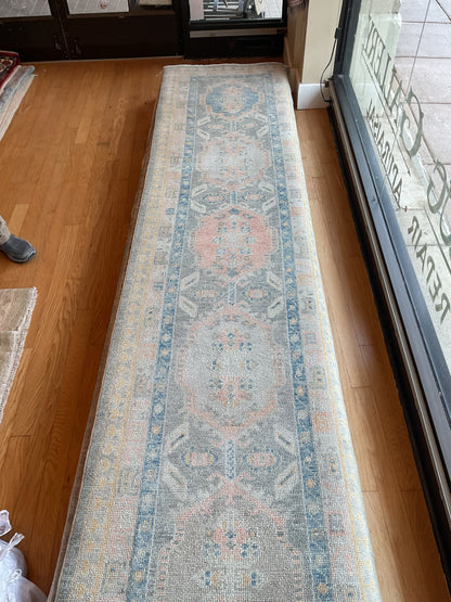 Turkish Oushak Runner, 3' x 13'11", in baby blue, blue, grey and peach
