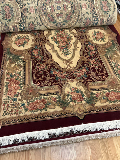Sino Aubusson Rug, 9' x 12', in beige, burgundy, ivory and pink