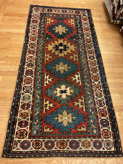 Antique Russian Kazak Runner, 3'9" x 7'7", in gold, ivory, navy and red - photo 4