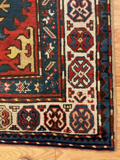 Antique Russian Kazak Runner, 3'9" x 7'7", in gold, ivory, navy and red - photo 2