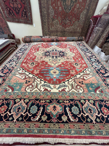 Indian Serapi Rug, 7'11" x 10'1", in ivory, navy, red and teal