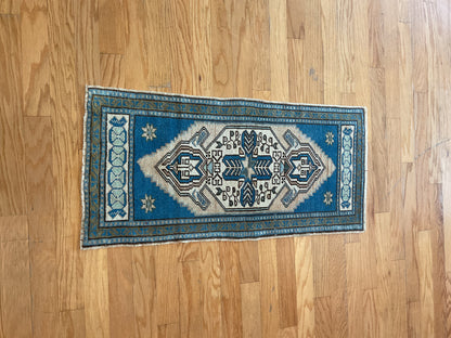 Vintage Turkish Anatolian Rug, 1'8" x 3'6", in blue, ivory and navy