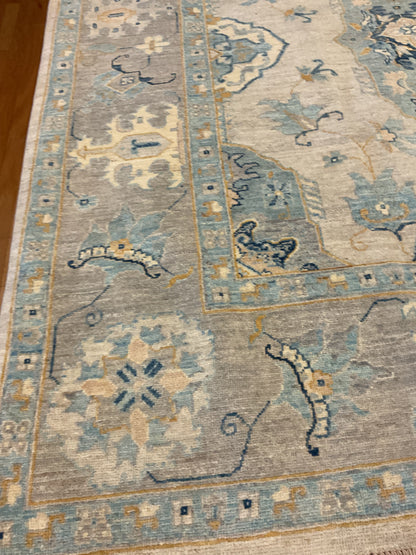 Afghan Peshawar Rug, 8'4" x 9'10", in baby blue, beige, ivory and slate - photo 3