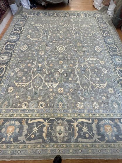 Pakistani Oushak Rug, 11'11" x 14'8", in blue, charcoal, grey and ivory