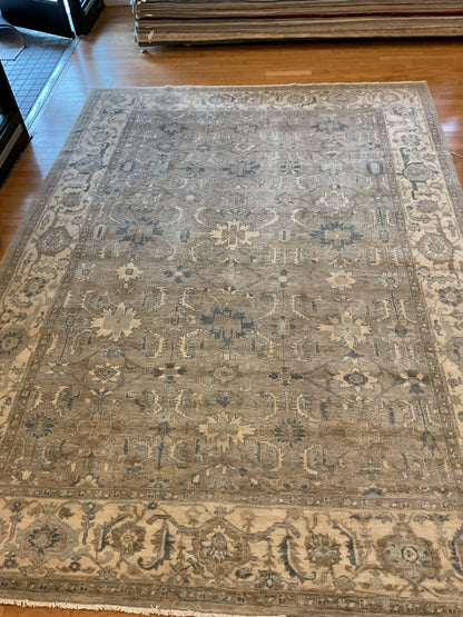 Pakistani Peshawar Rug, 9'3" x 12'8", in beige, blue and grey