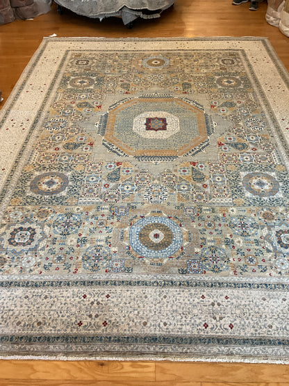Afghan Mamluk Rug, 9' x 11'10", in beige, blue, gold and grey