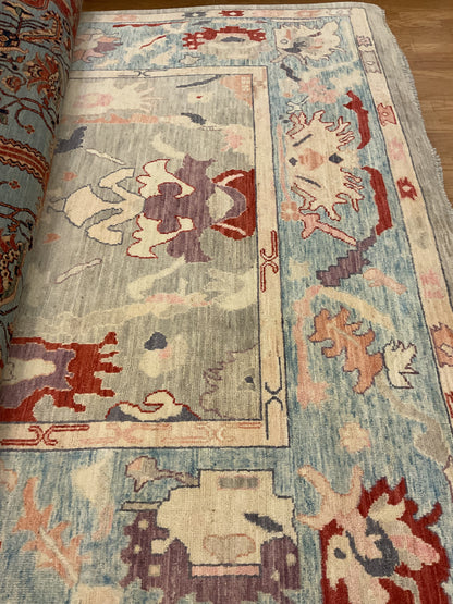 Afghan Oushak Rug, 8' x 10'1", in baby blue, grey, peach and red - photo 2