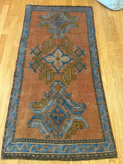 Turkish Oushak Rug, 2'9" x 5'8", in blue, cocoa, gold and rust
