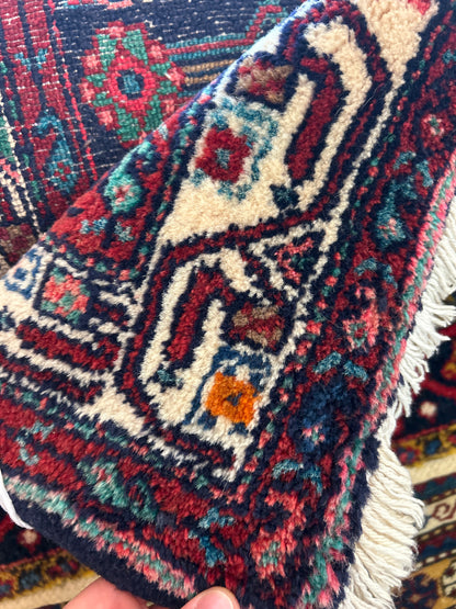 Vintage Persian Kurdish Runner, 3'6" x 16'1", in ivory, navy, red and salmon - photo 3