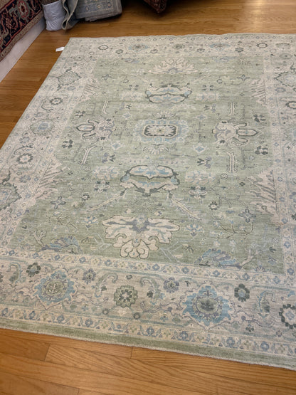 Pakistani Oushak Rug, 8' x 9'9", in green, grey and ivory - photo 2
