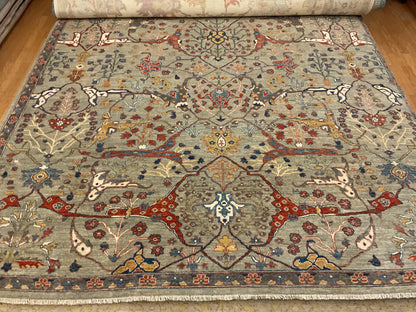 Afghan Bidjar Rug, 9'3" x 12', in gold, grey, navy and red