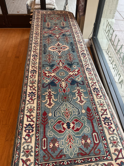 Afghan Kazak Runner, 2'9" x 9'7", in ivory, navy, red and teal
