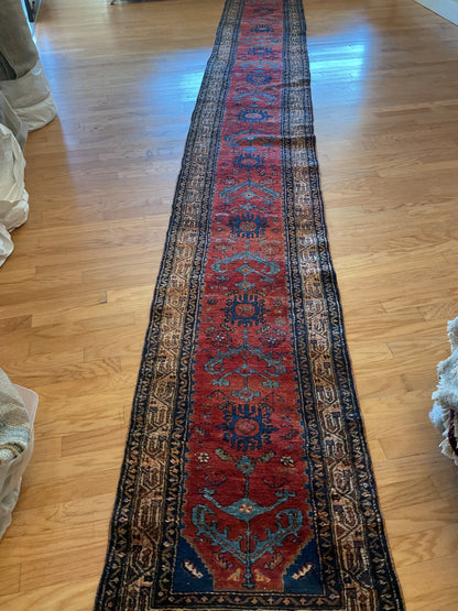 Antique Persian Kurdish Hamadan Runner, 2'5" x 20', in blue, brown, navy and red
