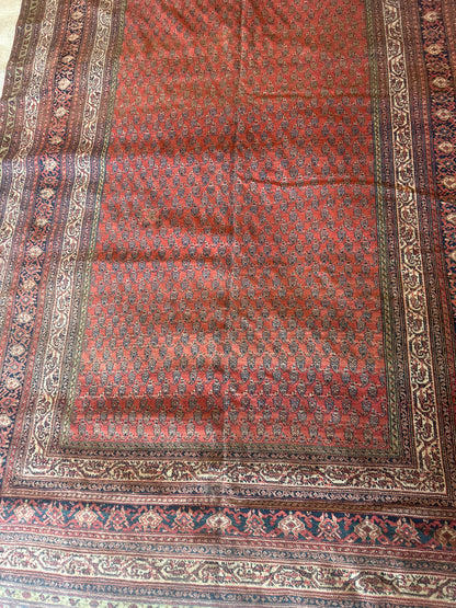 Antique Persian Mir Runner, 6'5" x 19', in ivory, navy, rust and salmon