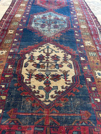 Antique Persian Kurdish Runner, 3'4" x 13'9", in ivory, navy, red and tan