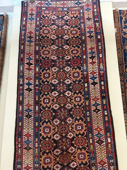 Antique Russian Kazak Runner, 3'10" x 11', in ivory, navy, red and rust