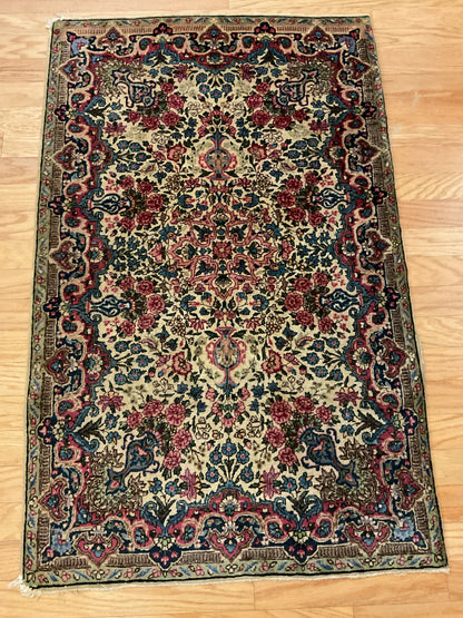 Antique Persian Kerman Rug, 3'3" x 4'9", in green, ivory, navy and rose
