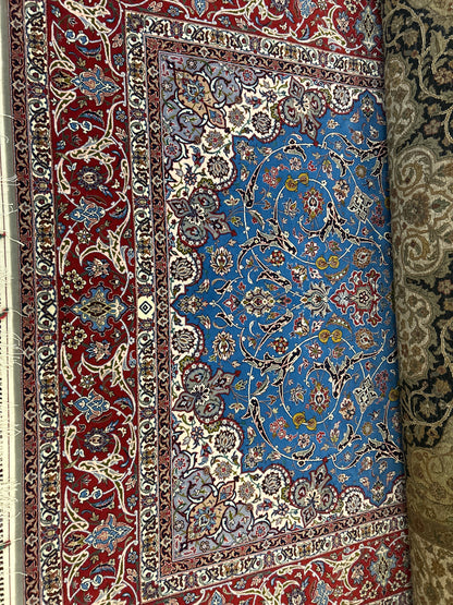 Persian Esfahan Rug, 6'4" x 9'9", in blue, ivory, navy and red