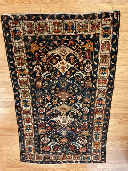 Antique Russian Kazak Rug, 3'5" x 5'7", in ivory, navy, orange and red - photo 2