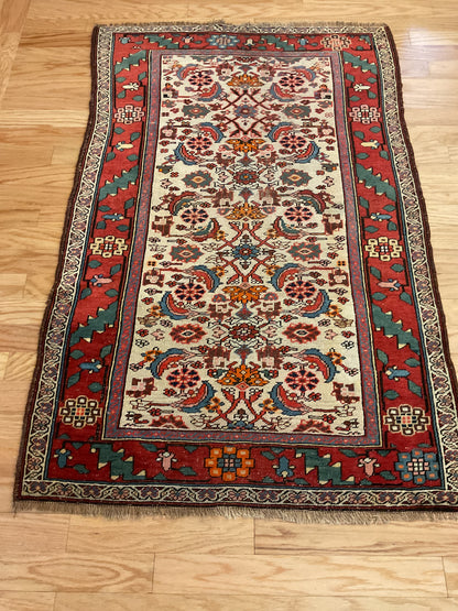 Antique Persian Kurdish Rug, 3'4" x 5'3", in blue, green, ivory and red