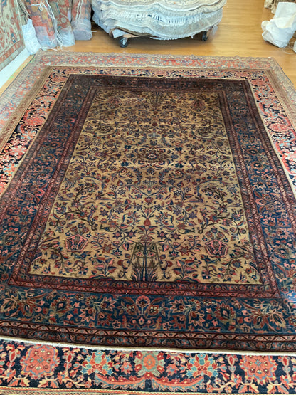 Antique Persian Kashan Rug, 6'8" x 10', in beige, navy, rust and salmon