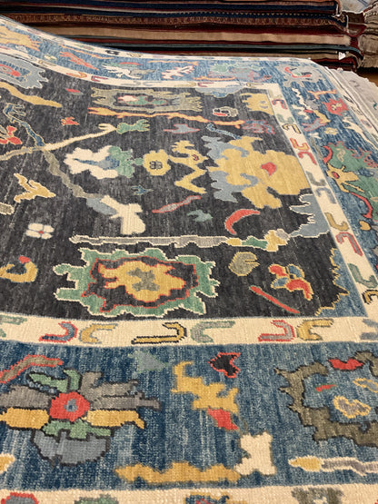 Turkish Oushak Rug, 8'5" x 11'3", in blue, charcoal, gold and green - photo 2