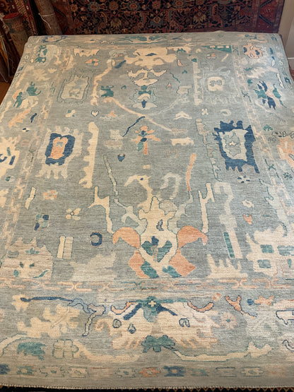Afghan Oushak Rug, 9' x 11'9", in baby blue, navy, peach and teal