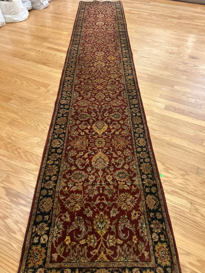 Vintage Indian Agra Jaipur Runner, 2'10" x 15'10", in black, burgundy and gold