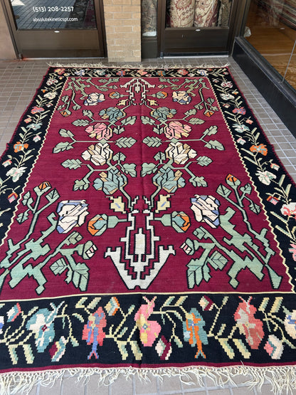 Vintage Turkish Bessarabian Kilim, 7'4" x 11', in black, mint, pink and raspberry