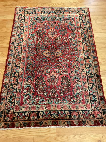 Antique Persian Sarouk Rug, 3'5" x 5'1", in black, green, ivory and red