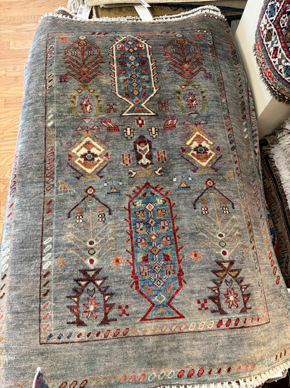 Afghan Kazak Rug, 2'10" x 4'1", in baby blue, blue, grey and orange - photo 2