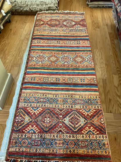 Afghan Turkman Runner, 2'5" x 6'9", in blue, gold, red and teal