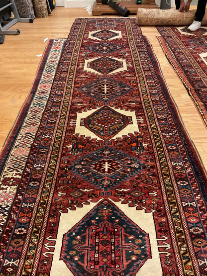 Vintage Persian Karajh Runner, 3'7" x 16'3", in ivory, navy and red
