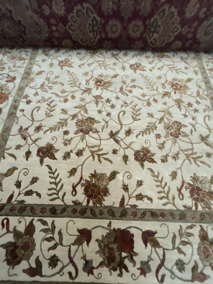 Indian Agra Jaipur Rug with Silk, 9' x 12', in brown, burgundy and ivory