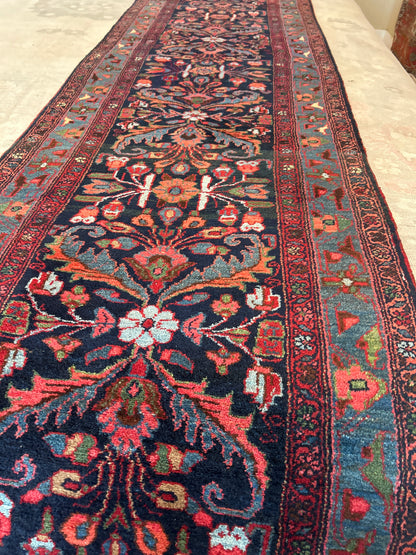 Antique Persian Mehraban Runner, 3' x 16'10", in navy, red and teal - photo 3