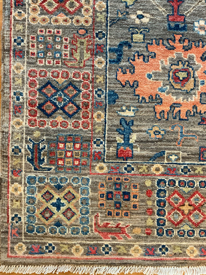 Afghan Mohal Rug, 4' x 5'8", in gold, grey, navy and orange - photo 2
